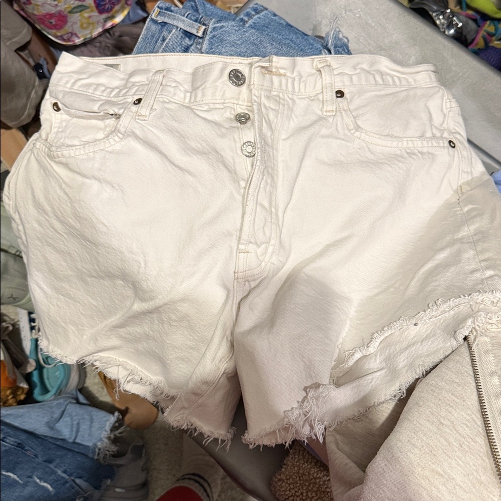 Agolde Parker long White Denim Frayed Hem Shorts